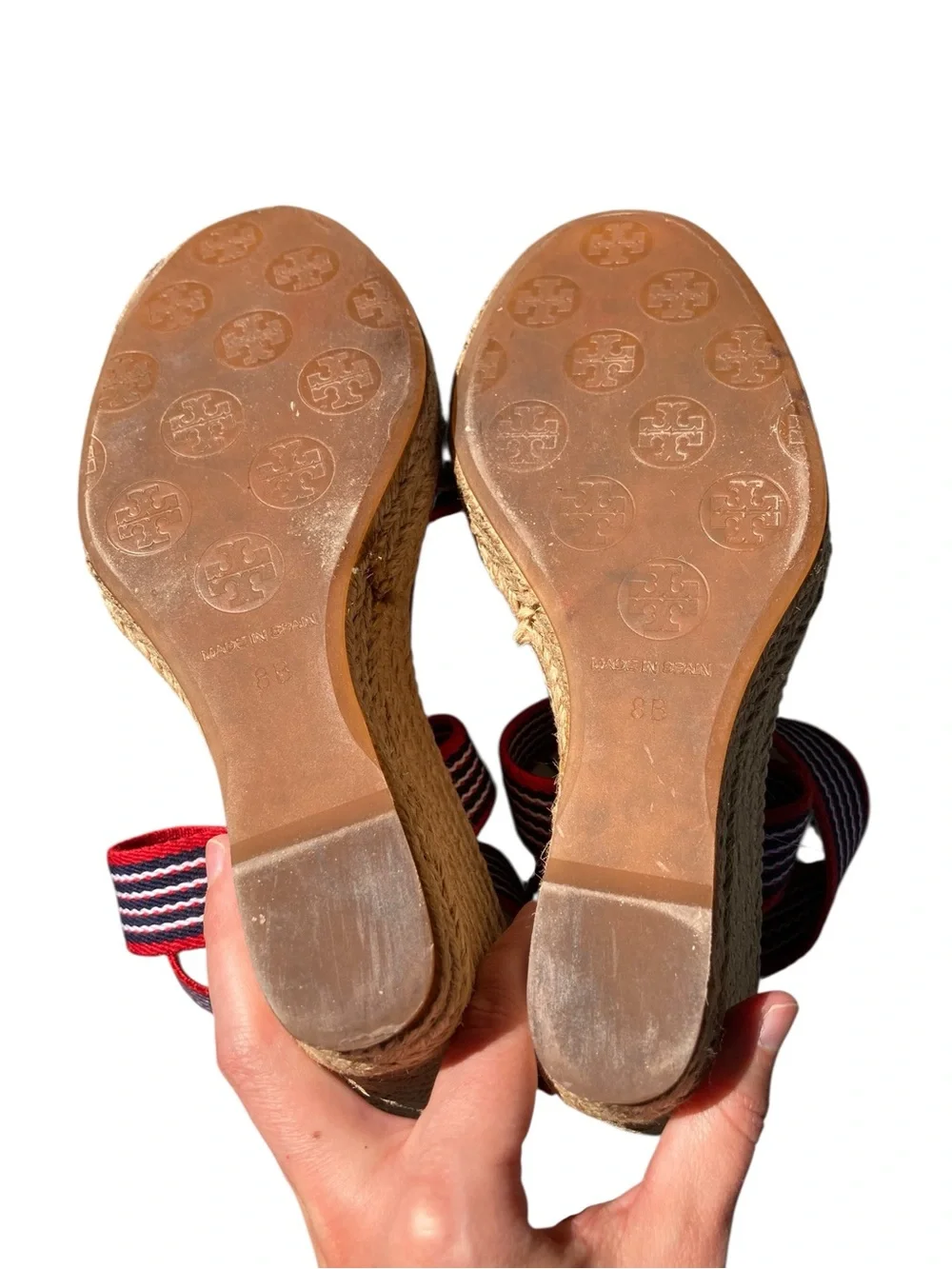 Tory Burch Red Navy Striped Espadrille Wedge Sandals Size 8 Canvas